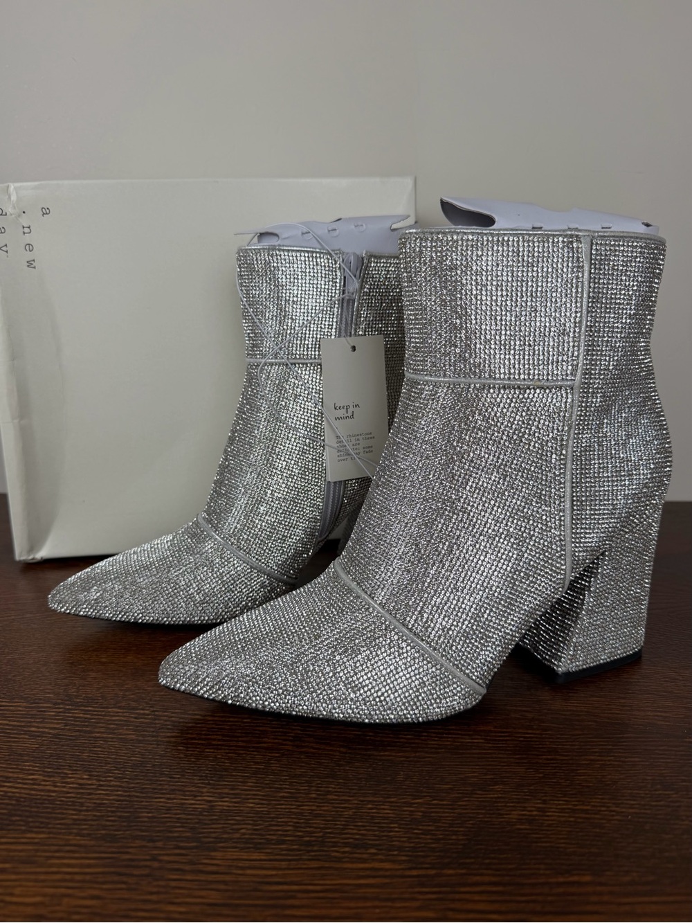 A New Day Cailin Silver Rhinestone Embellished Block Heel Ankle Boots